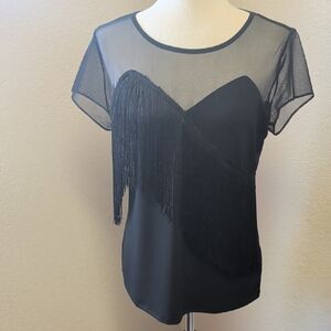 INC Black Short Sleeve Mesh Sheer Fringe Tribe Top Size Small NWT
